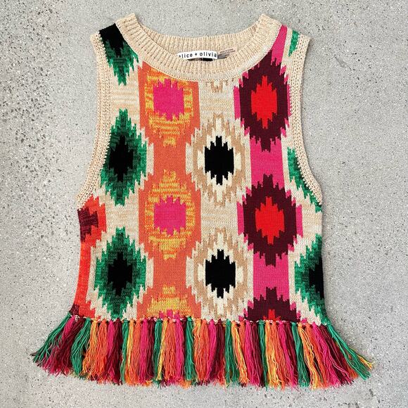ALICE + OLIVIA Reva Print Fringe Peplum Multi-Color Tank Top - Picture 1 of 5
